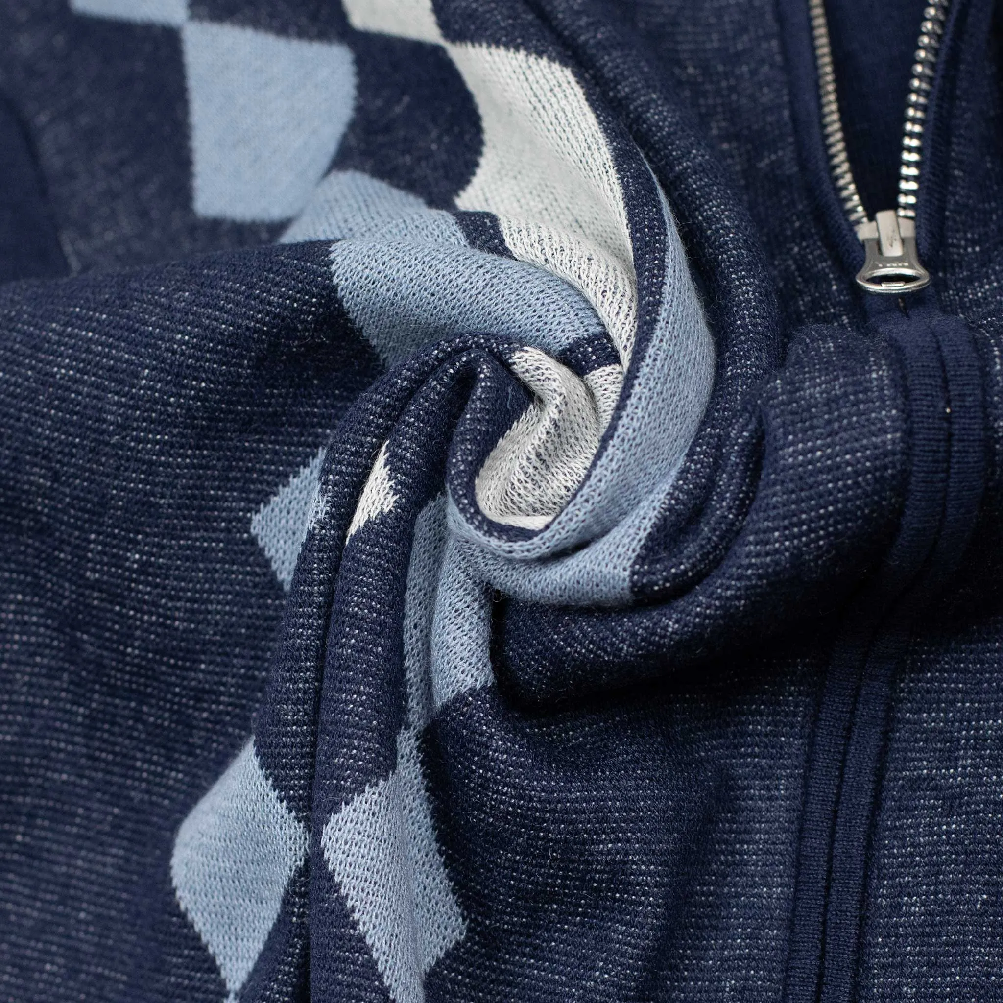 Zip knit polo in retro blue and navy jacquard ramie and cotton
