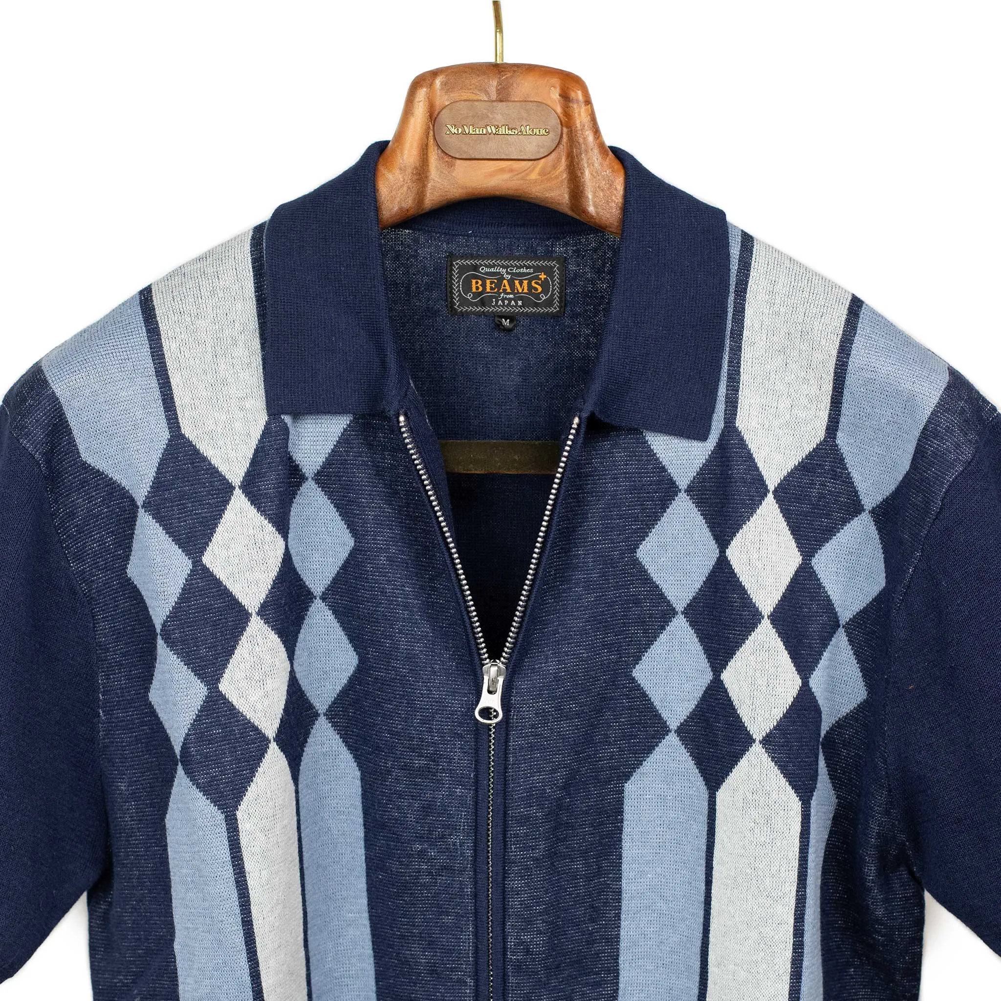 Zip knit polo in retro blue and navy jacquard ramie and cotton