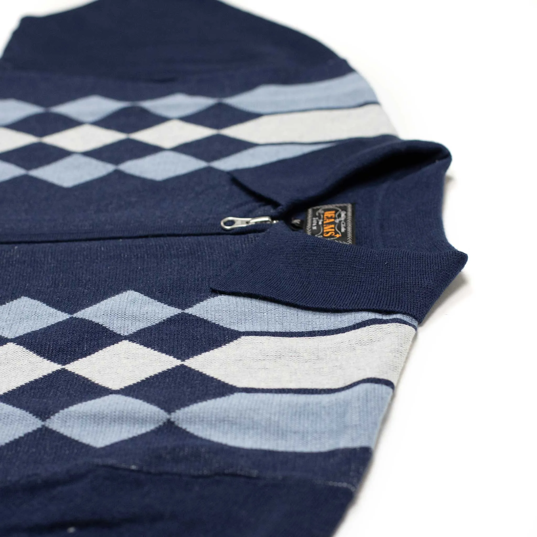 Zip knit polo in retro blue and navy jacquard ramie and cotton