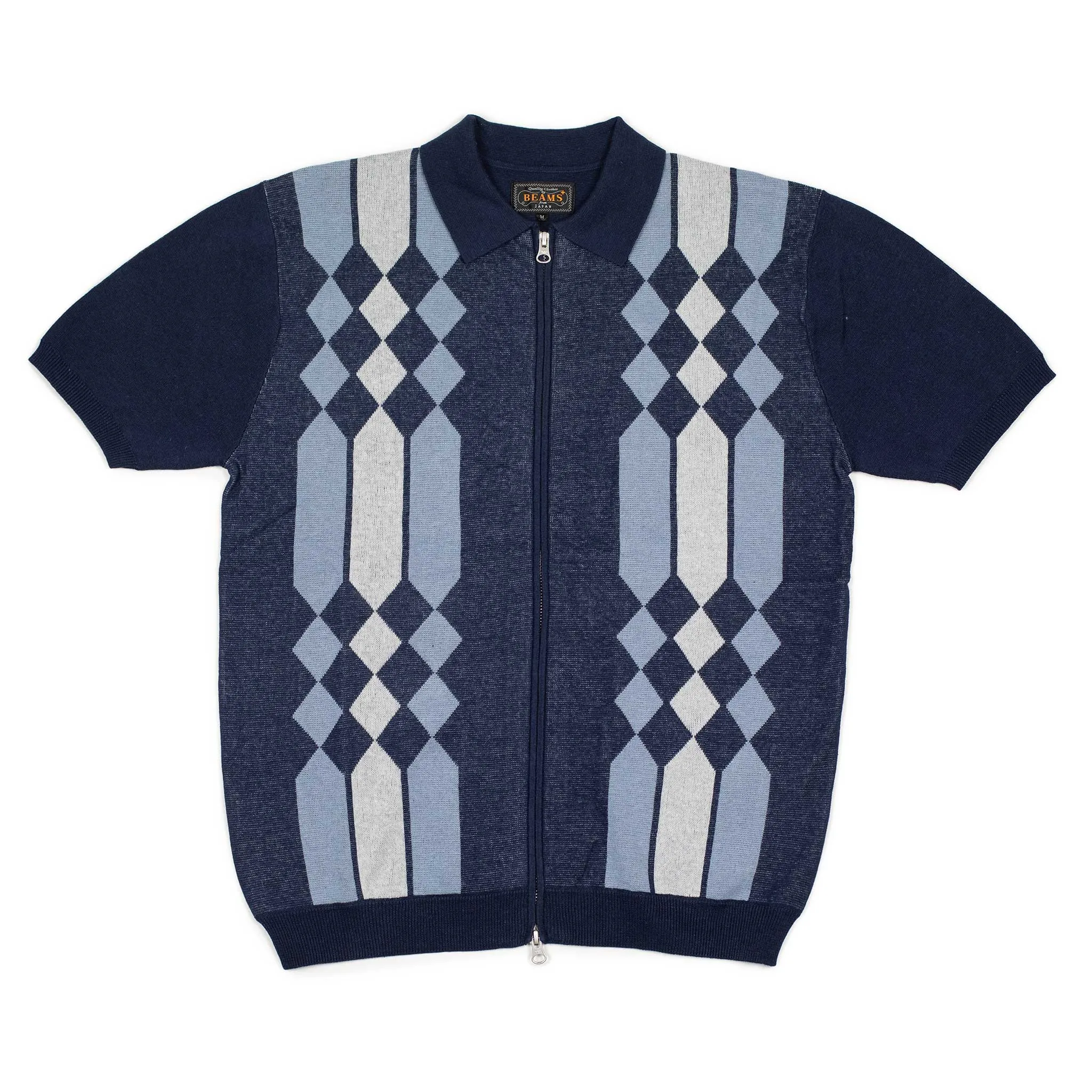 Zip knit polo in retro blue and navy jacquard ramie and cotton