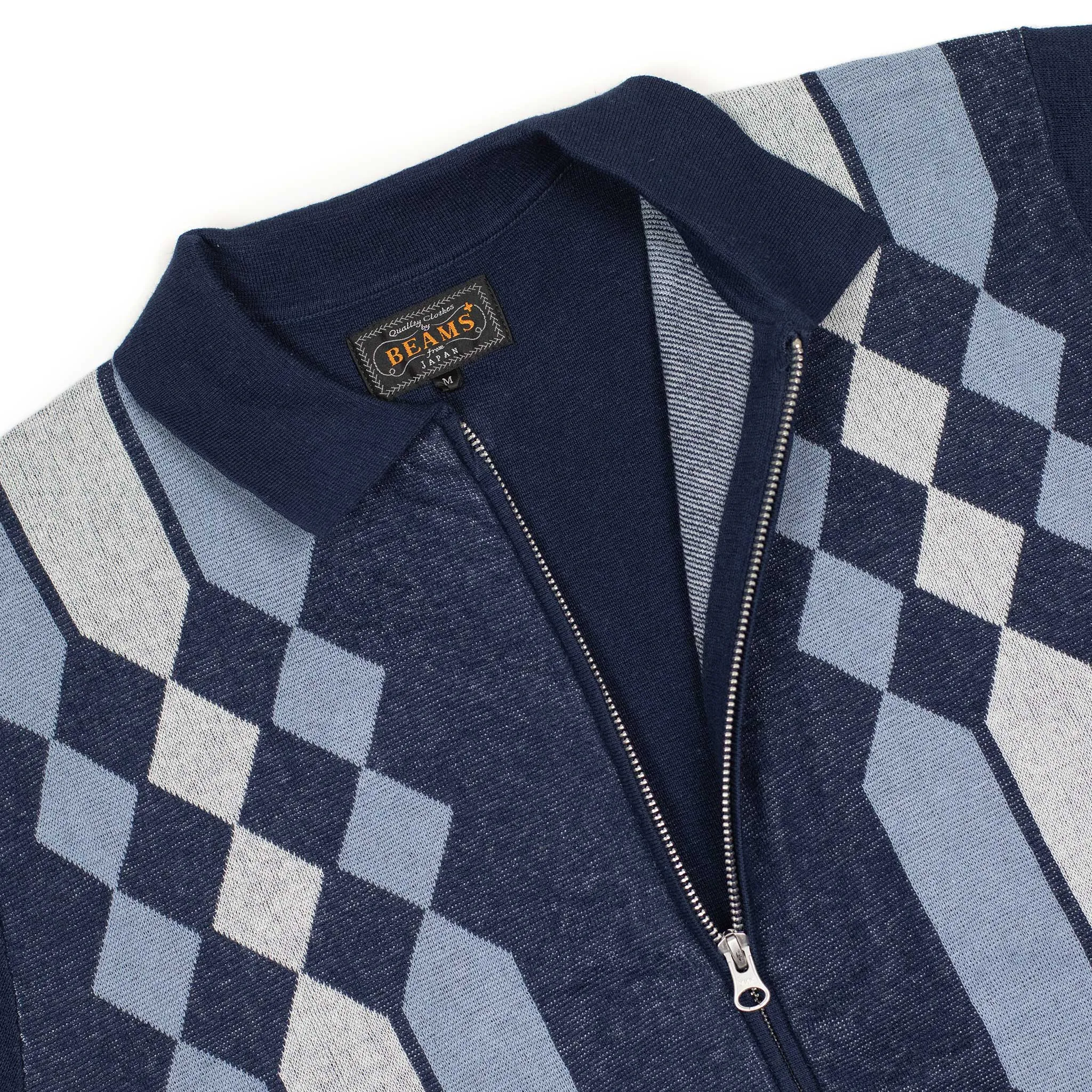 Zip knit polo in retro blue and navy jacquard ramie and cotton