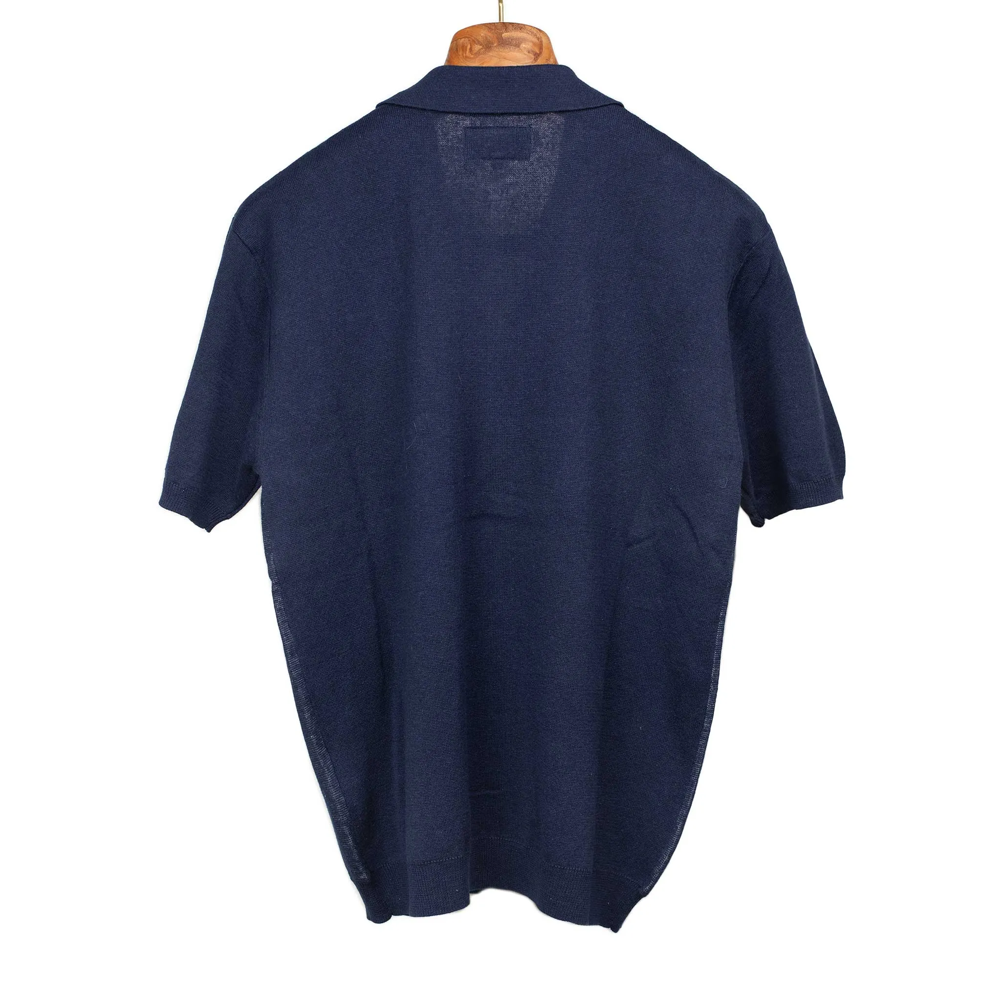 Zip knit polo in retro blue and navy jacquard ramie and cotton