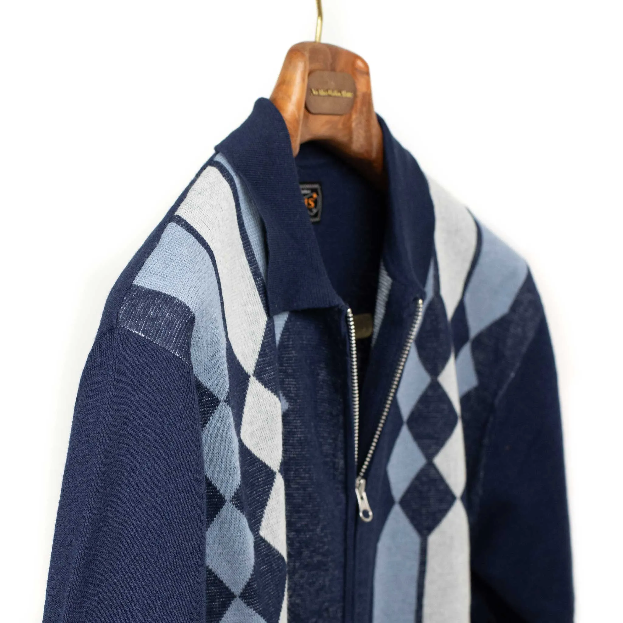 Zip knit polo in retro blue and navy jacquard ramie and cotton