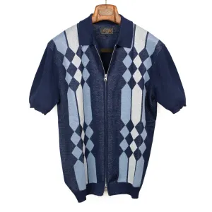 Zip knit polo in retro blue and navy jacquard ramie and cotton
