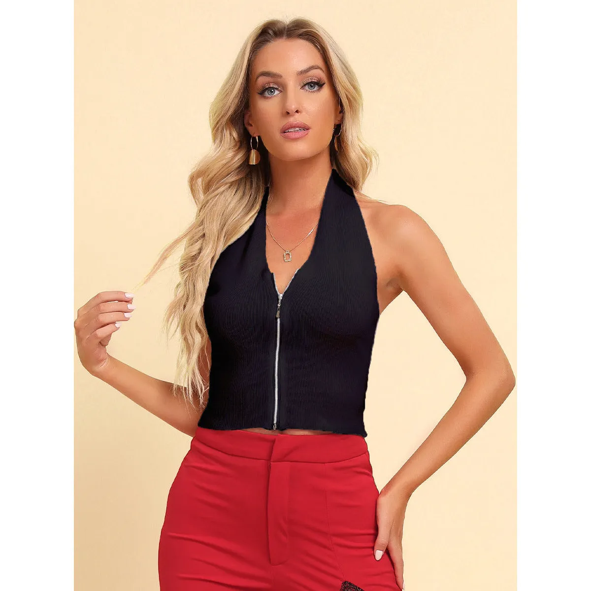 Zip-Up Halter Neck Knit Top
